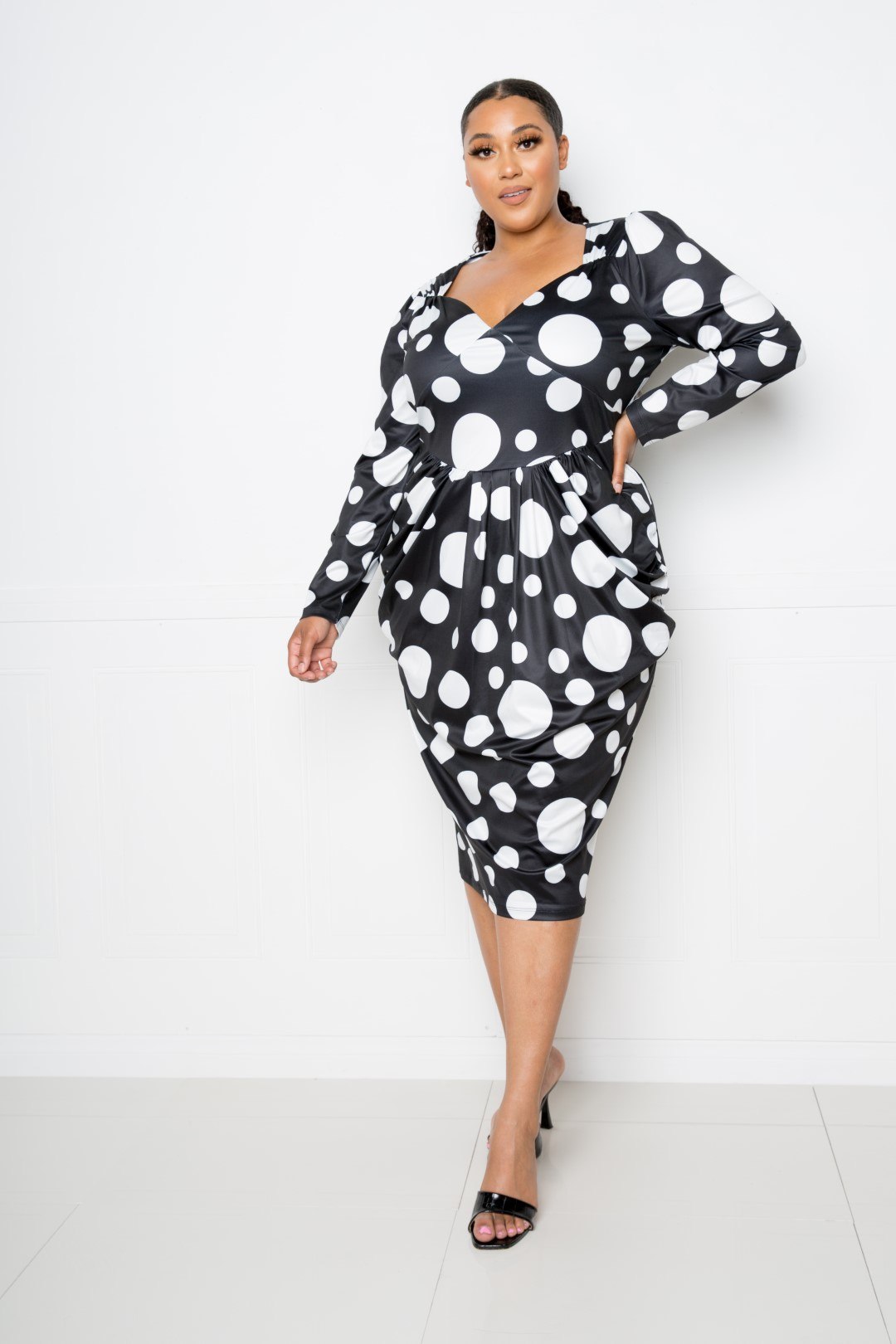 Polka Dot Drop Waist Ruched Midi Dress product image