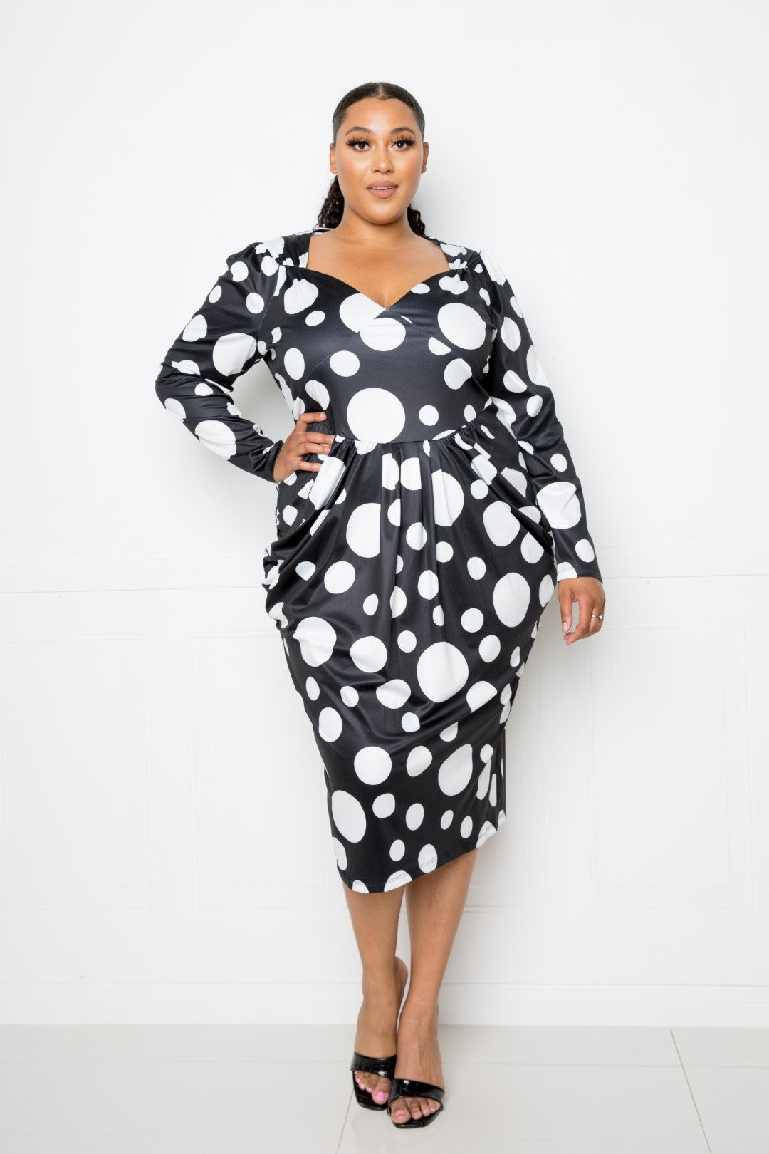 Polka Dot Drop Waist Ruched Midi Dress product image