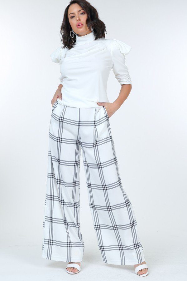 High Waist Plaid Print Wide Leg Pants product image