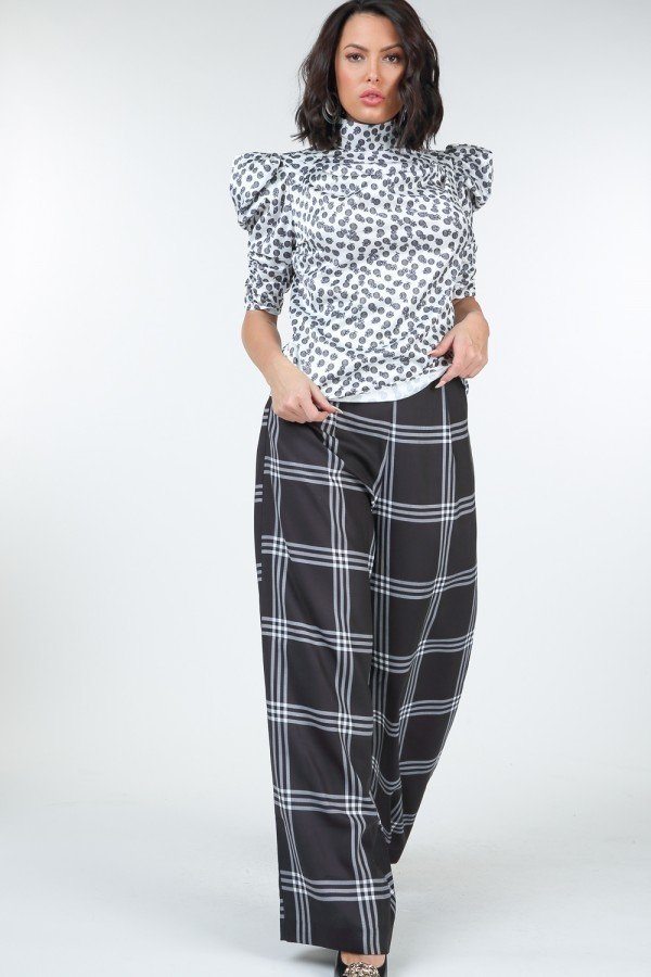 High Waist Plaid Print Wide Leg Pants product image