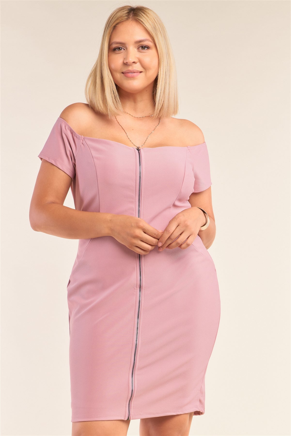Plus Size Fitted Off-the-shoulder Front Zipper Bodycon Mini Dress product image