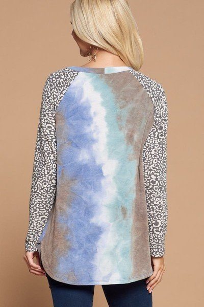 Plus Size French Terry Tie Dye Casual Color Block Top product image