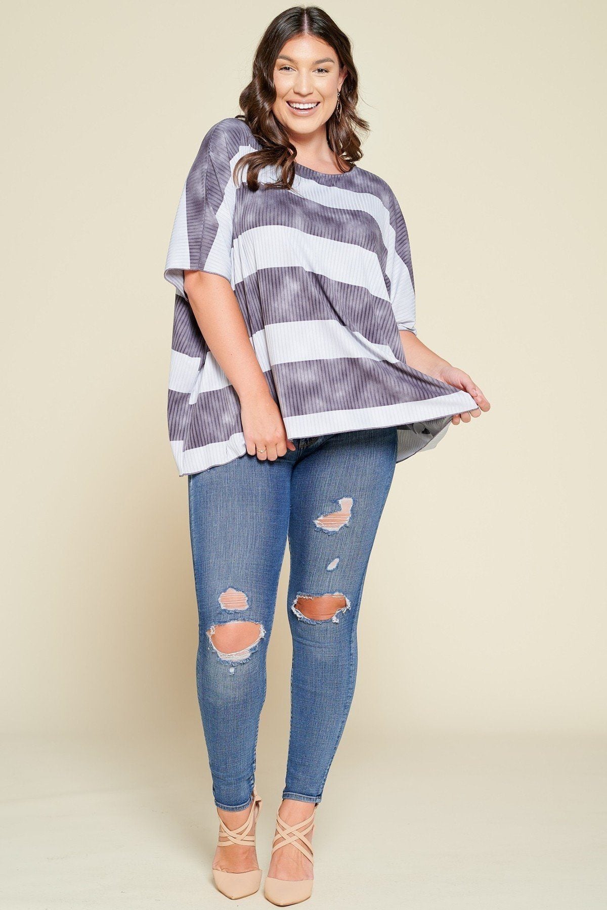 Stripe Printed Pleated Blouse Featuring A Boat Neckline And 1/2 Sleeves product image