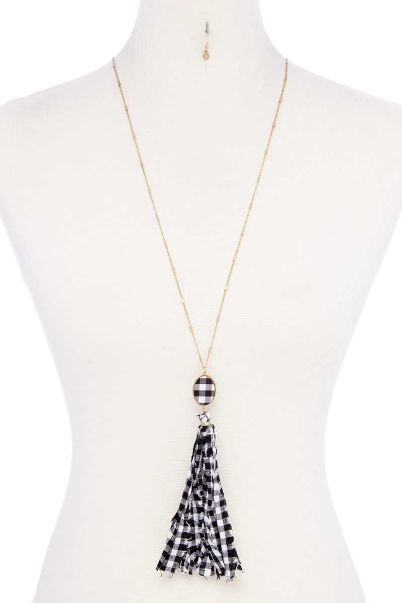 Checkered Pattern Fabric Tassel Necklace product image