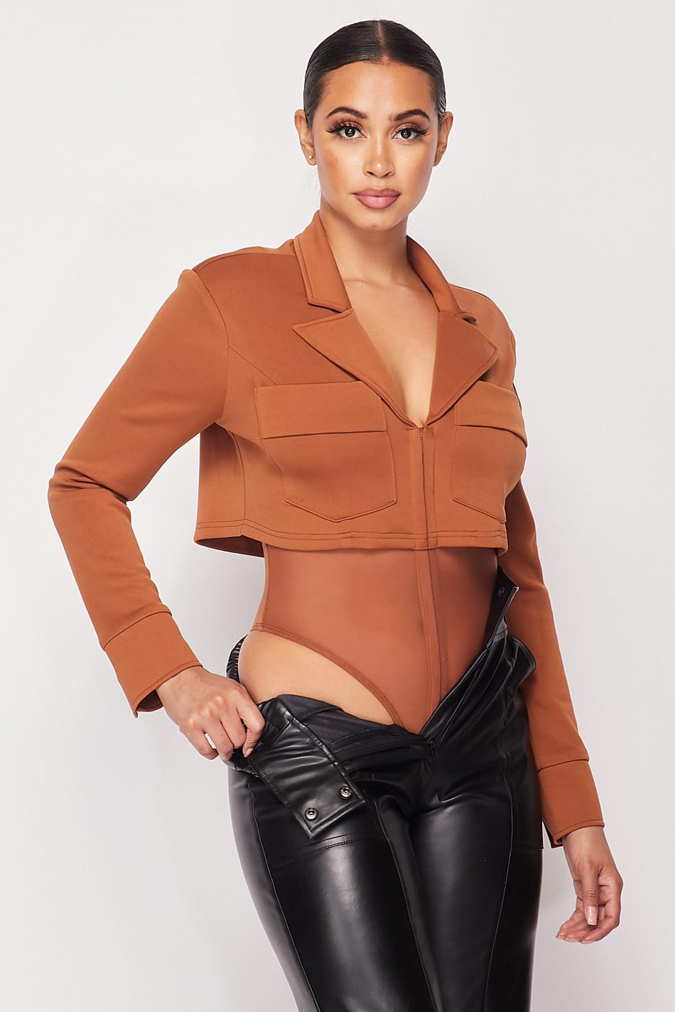 Deep-v Cropped Power Shoulder Blazer Bodysuit product image