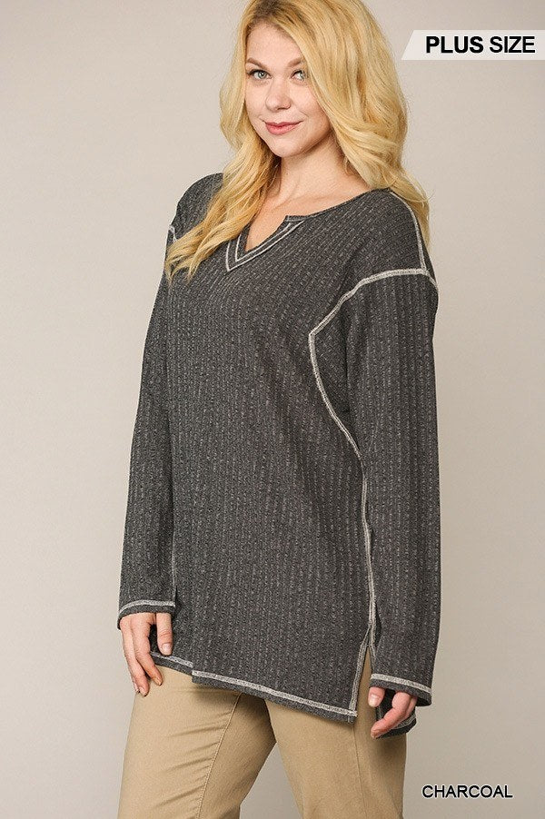 Two-tone Ribbed Tunic Top With Side Slits product image