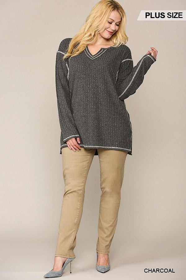 Two-tone Ribbed Tunic Top With Side Slits product image