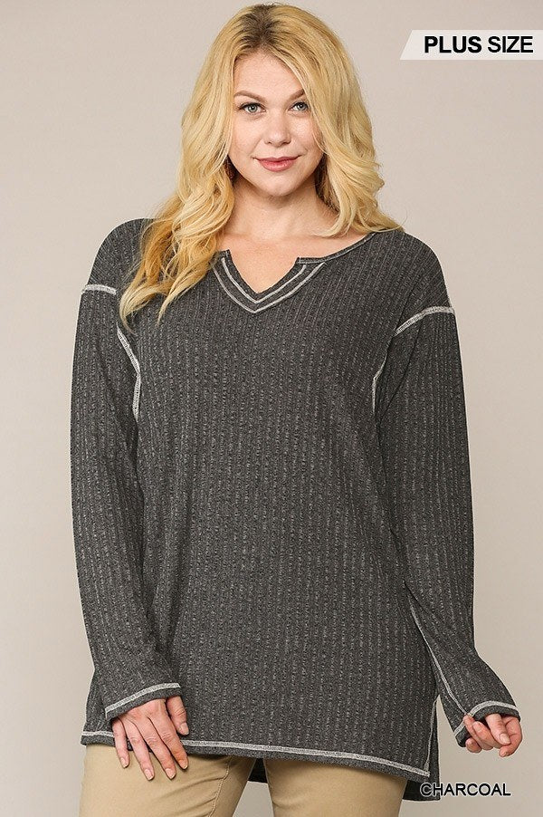 Two-tone Ribbed Tunic Top With Side Slits product image