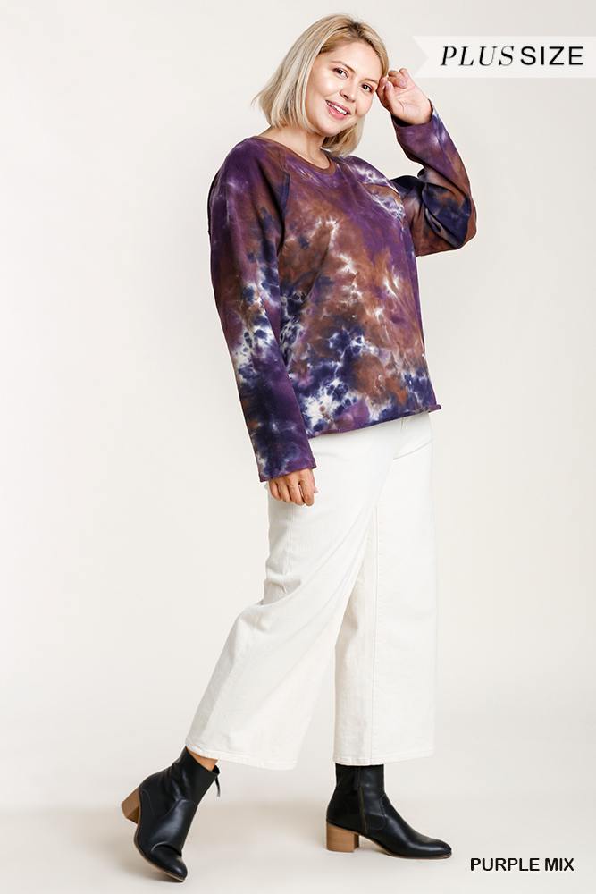 French Terry Tie-dye Raglan Long Sleeve Top With Raw Hem product image