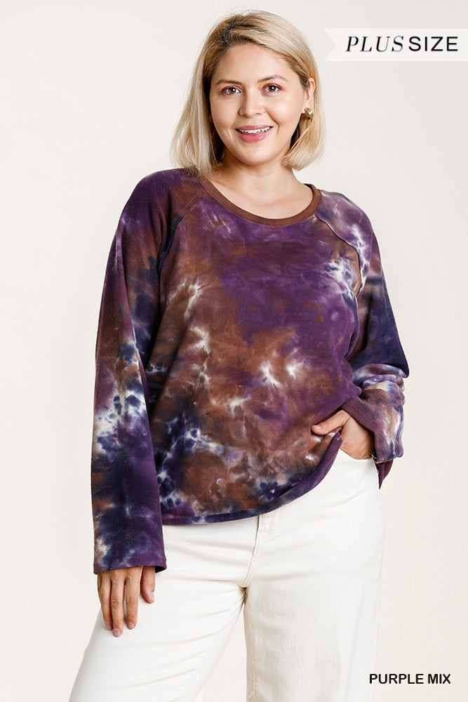 French Terry Tie-dye Raglan Long Sleeve Top With Raw Hem product image