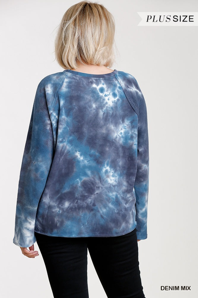 French Terry Tie-dye Raglan Long Sleeve Top With Raw Hem product image