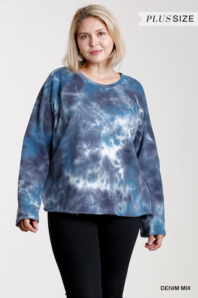 French Terry Tie-dye Raglan Long Sleeve Top With Raw Hem product image