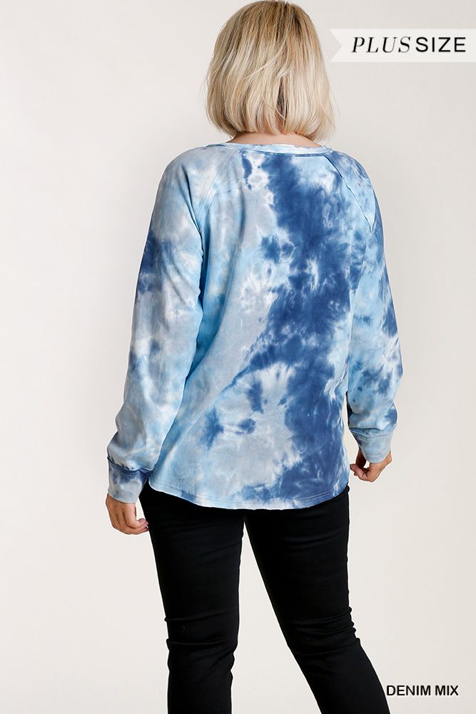 Tie-dye Button Front Long Raglan Sleeve Top With Raw Hem product image