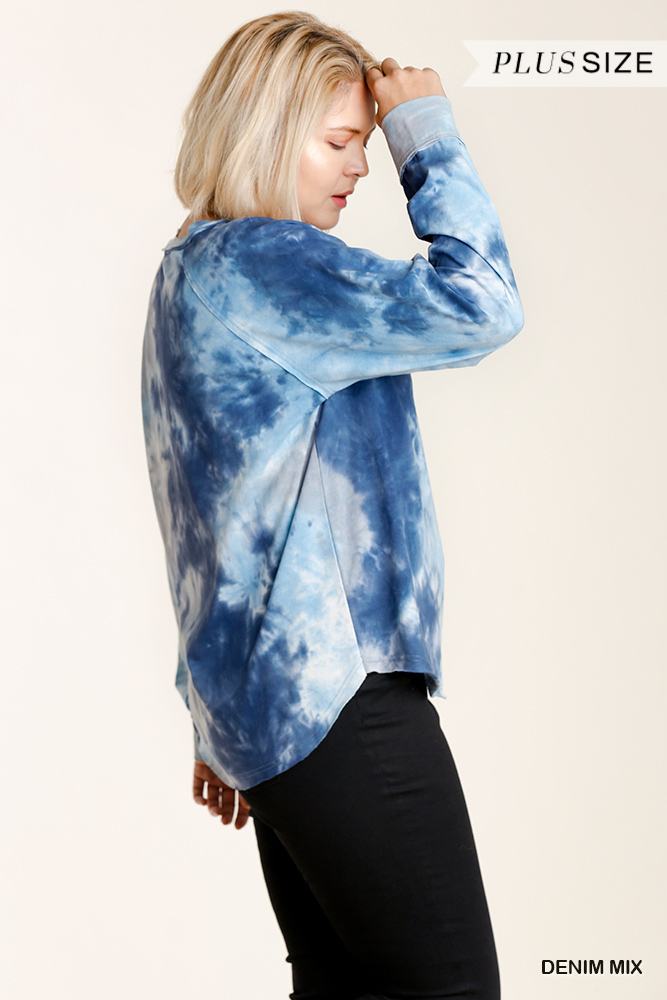 Tie-dye Button Front Long Raglan Sleeve Top With Raw Hem product image