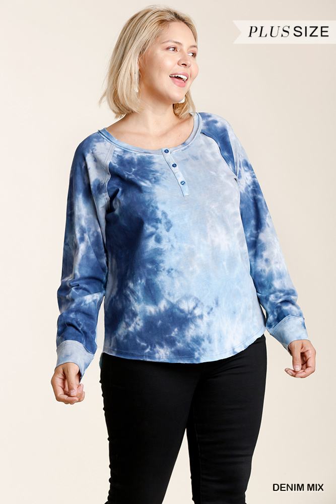 Tie-dye Button Front Long Raglan Sleeve Top With Raw Hem product image