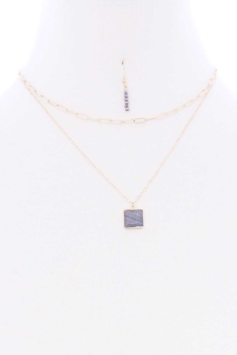 2 Layered Chain Metal Square Marbling Stone Pendant Necklace product image