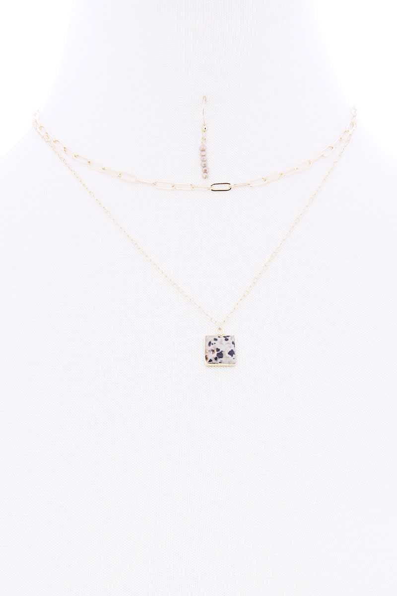2 Layered Chain Metal Square Marbling Stone Pendant Necklace product image