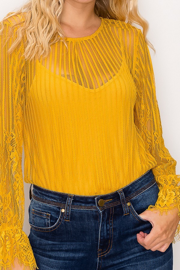 Lace Trim Shadow Stripe Bodysuit product image