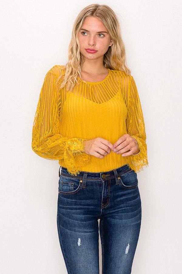 Lace Trim Shadow Stripe Bodysuit product image