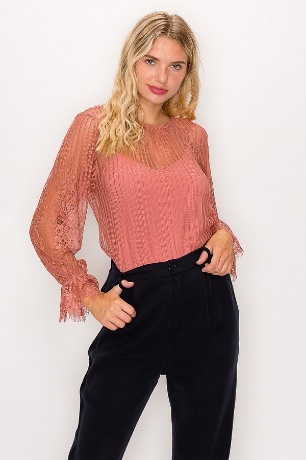 Lace Trim Shadow Stripe Bodysuit product image