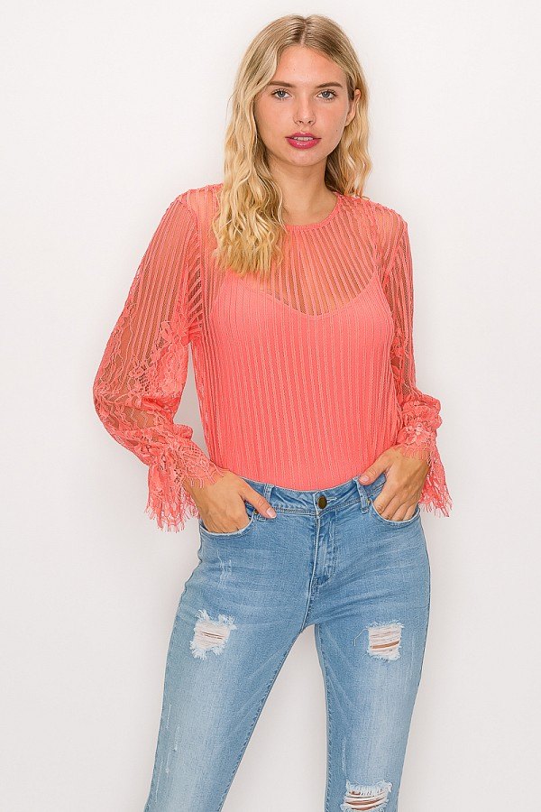 Lace Trim Shadow Stripe Bodysuit product image