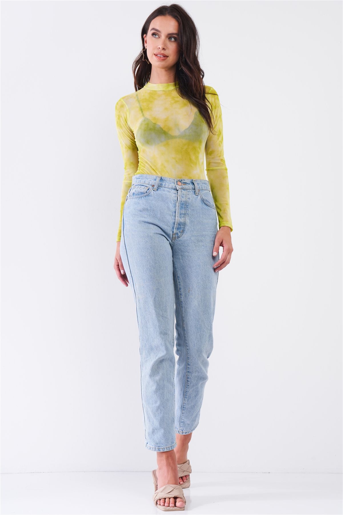 Neon Green Sexy Sheer Mesh Long Sleeve Mock Neck Bodysuit product image