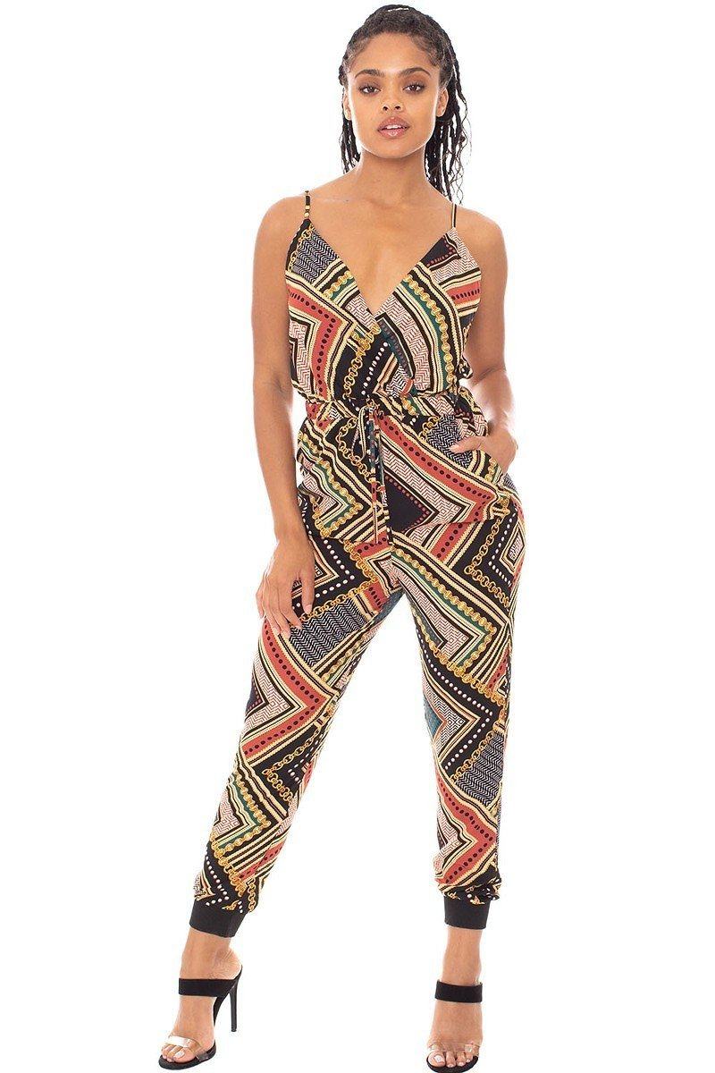 Boarder Print Wrap Drawstring Waist Jumpsuit product image