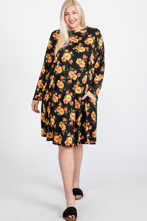 Floral Mock Neck Hidden Pocket Round Hem Midi Dress product image