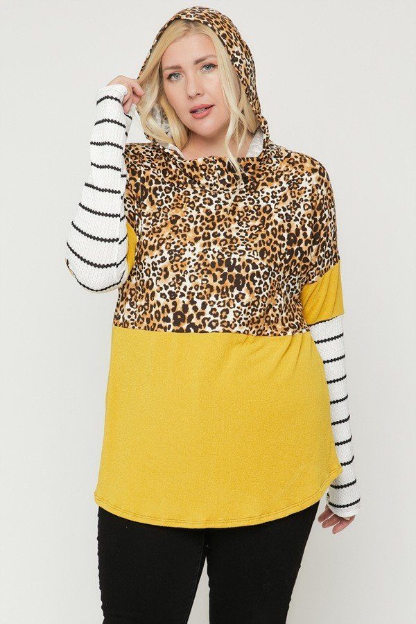 Plus Size Color Block Hoodie Featuring A Cheetah Print product image