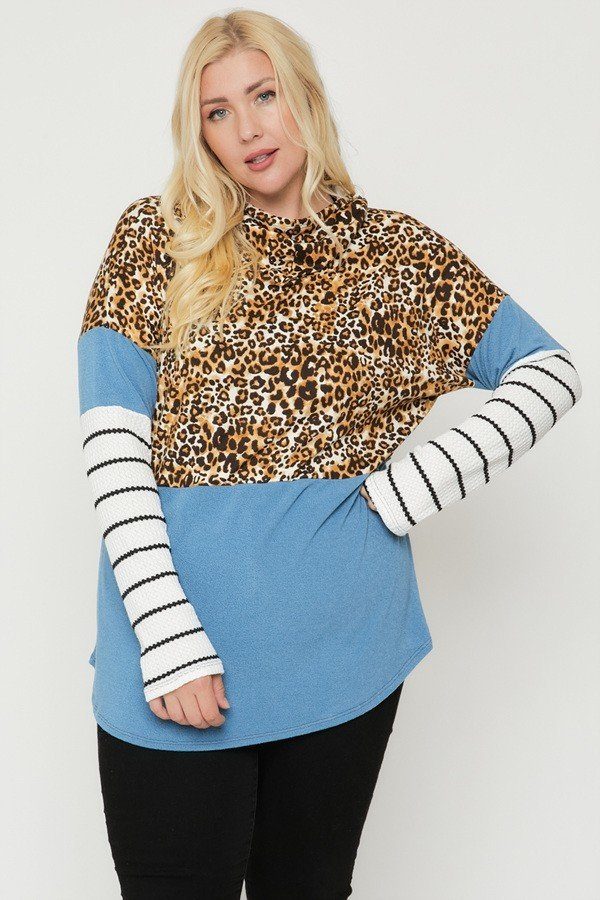 Plus Size Color Block Hoodie Featuring A Cheetah Print product image