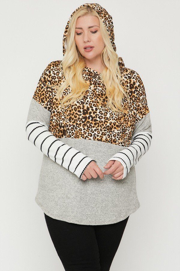 Plus Size Color Block Hoodie Featuring A Cheetah Print product image