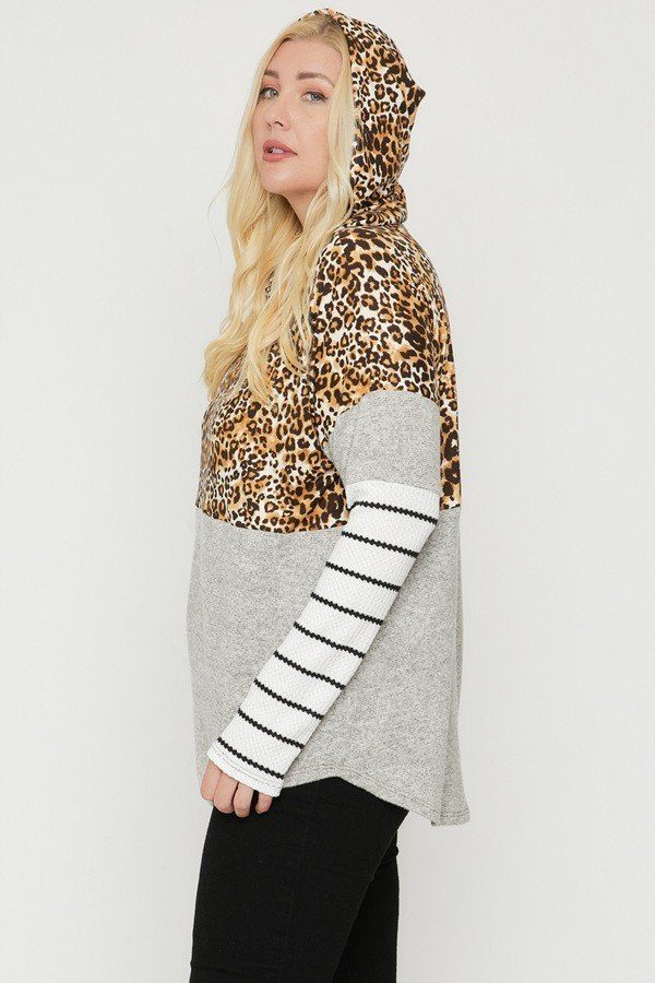 Plus Size Color Block Hoodie Featuring A Cheetah Print product image