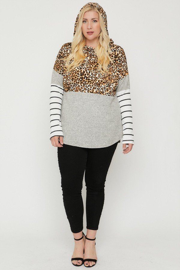 Plus Size Color Block Hoodie Featuring A Cheetah Print product image