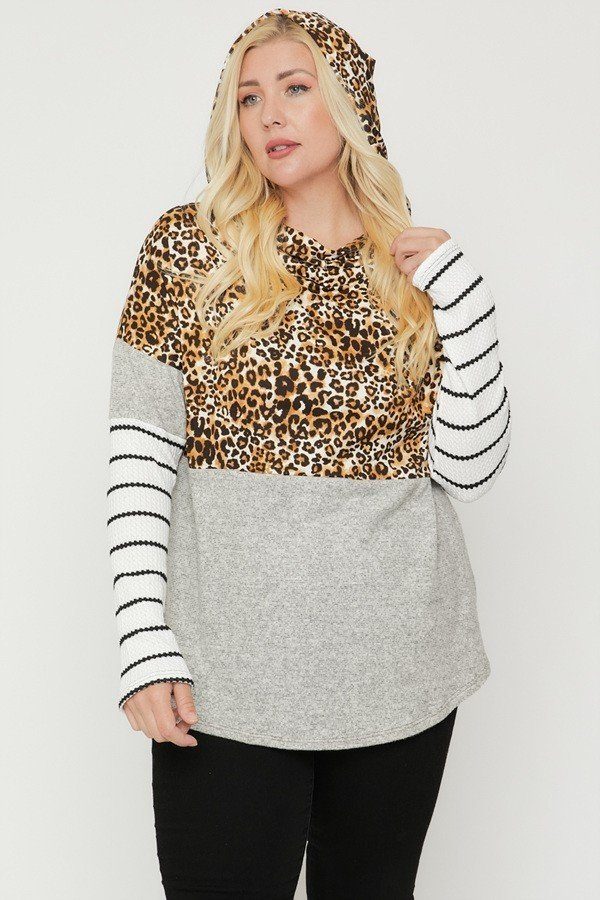 Plus Size Color Block Hoodie Featuring A Cheetah Print product image