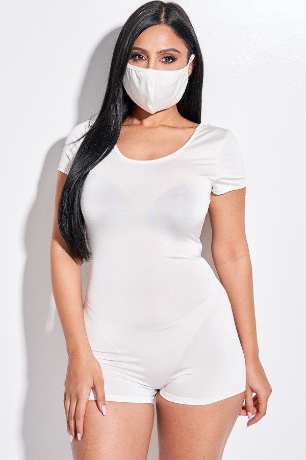 Solid Short Sleeve Scoop Neck Romper And Face Mask 2 Piece Set product image
