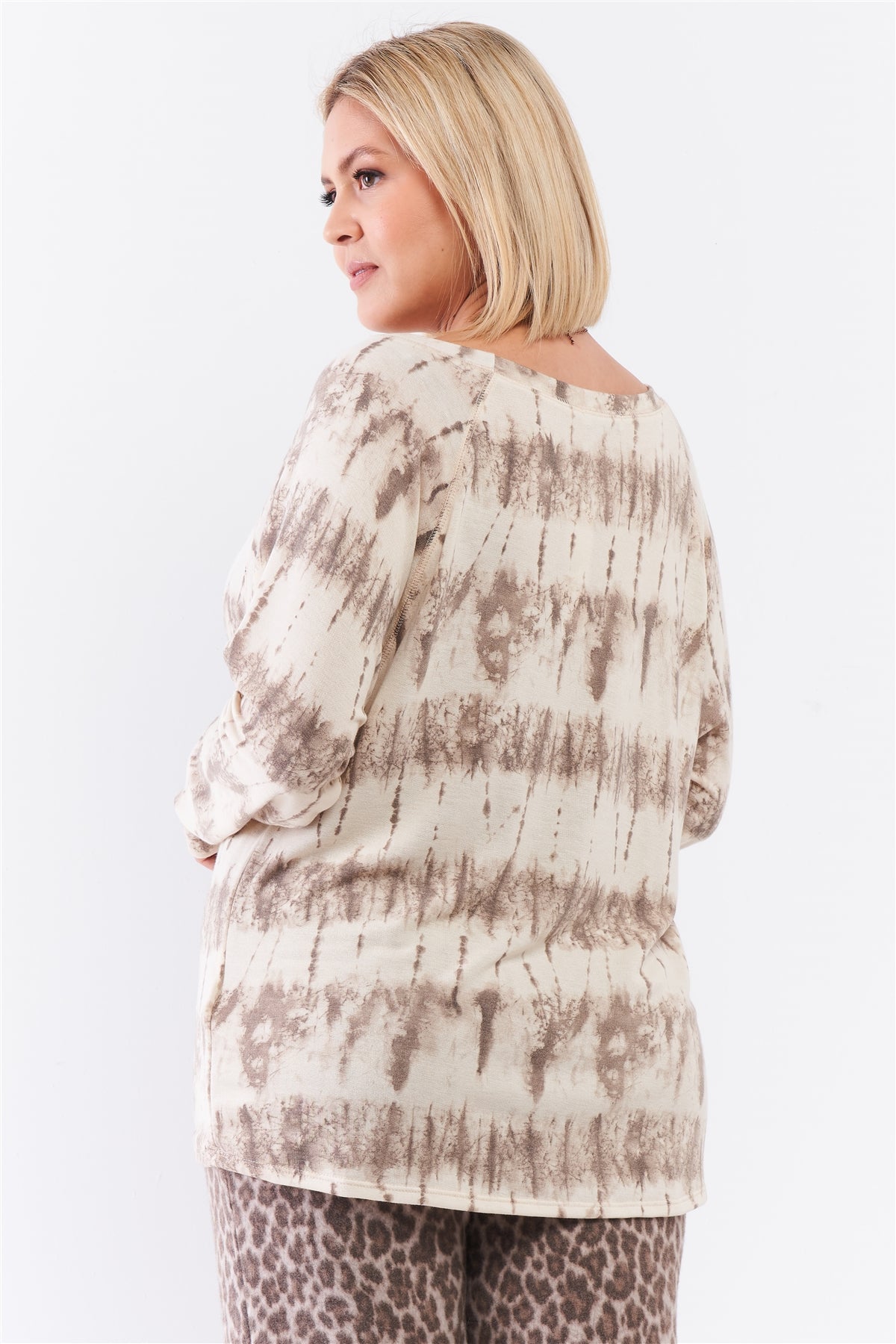 Plus Ivory Acid Wash Print Bateau Neck Relaxed Fit Long Sleeve Top product image