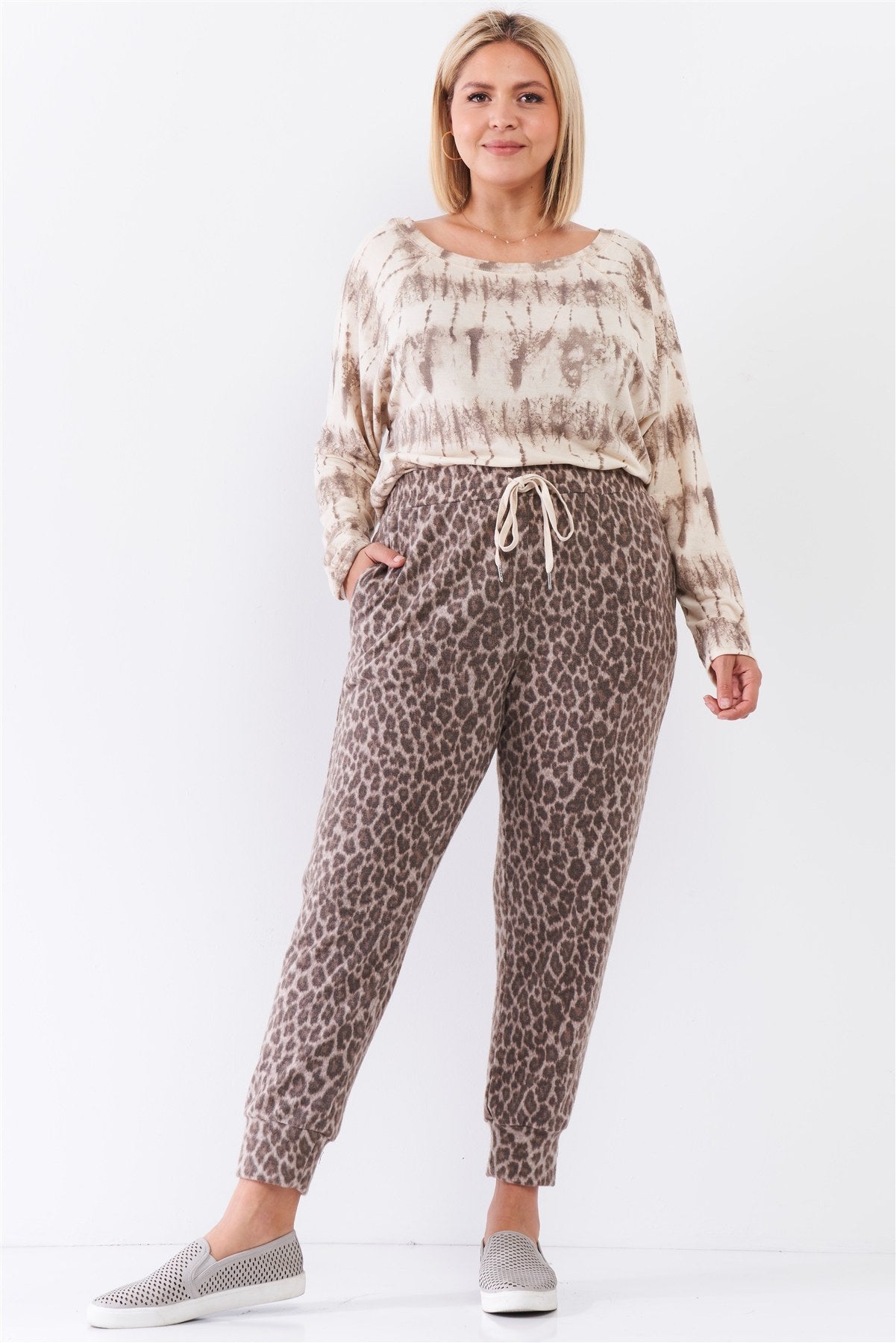 Plus Ivory Acid Wash Print Bateau Neck Relaxed Fit Long Sleeve Top product image