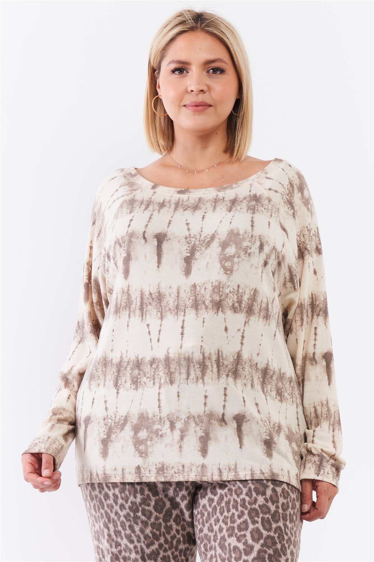 Plus Ivory Acid Wash Print Bateau Neck Relaxed Fit Long Sleeve Top product image