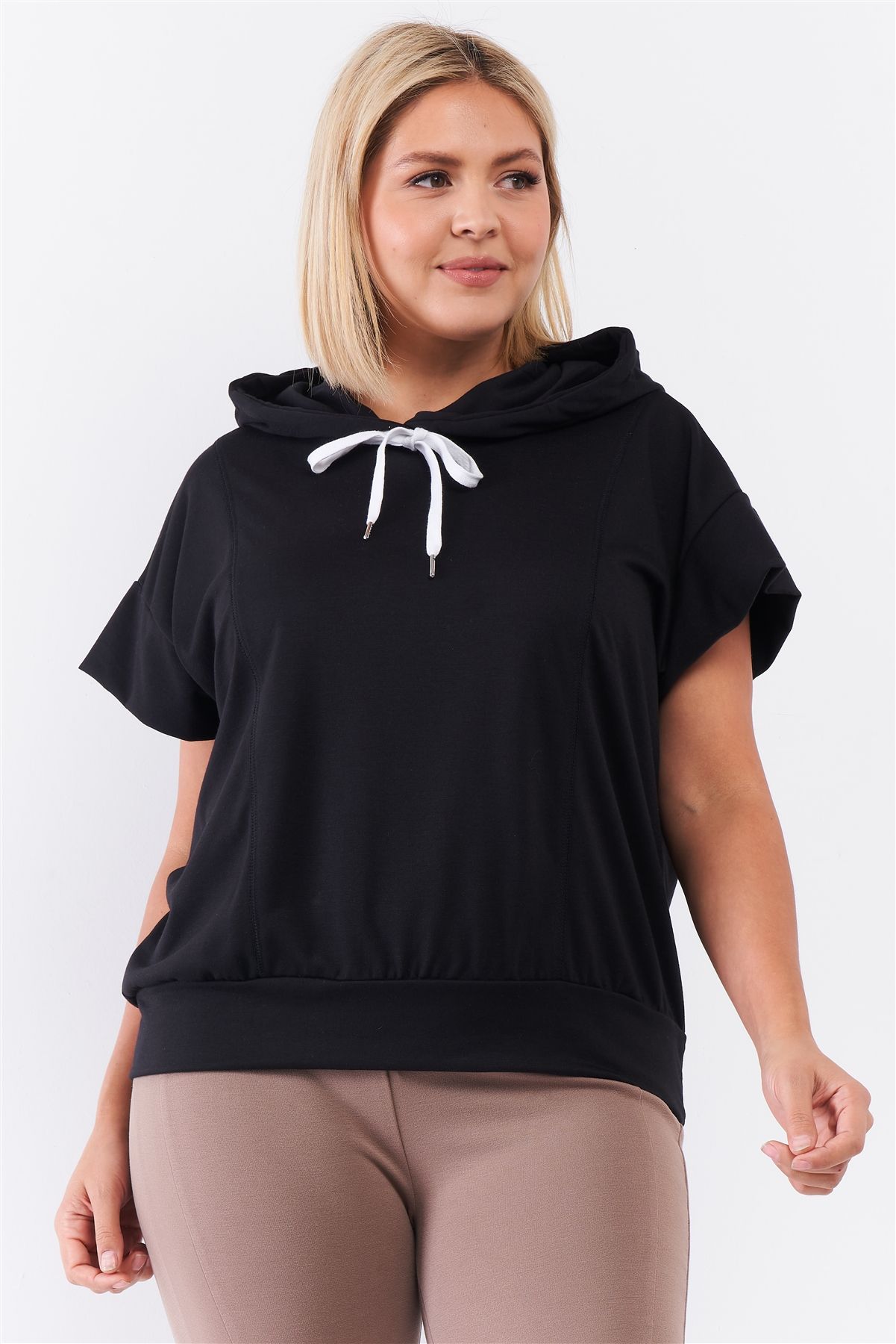 Black Short Wing Sleeve Relaxed Fit White Draw String Tie Hood Detail Top product image