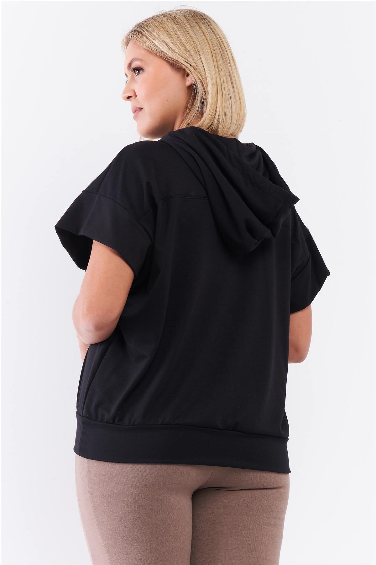 Black Short Wing Sleeve Relaxed Fit White Draw String Tie Hood Detail Top product image