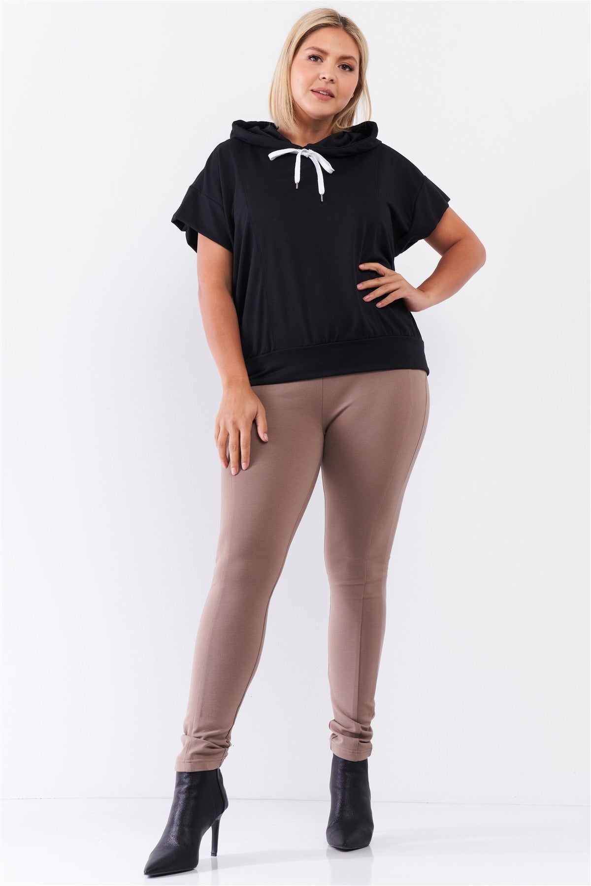 Black Short Wing Sleeve Relaxed Fit White Draw String Tie Hood Detail Top product image