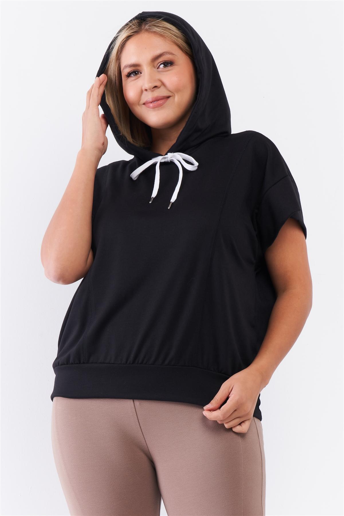 Black Short Wing Sleeve Relaxed Fit White Draw String Tie Hood Detail Top product image