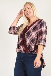 Plaid 3/4 Sleeve Top With Hi-lo Hem, V-neckline, And Relaxed Fit product image