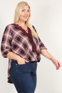 Plaid 3/4 Sleeve Top With Hi-lo Hem, V-neckline, And Relaxed Fit product image