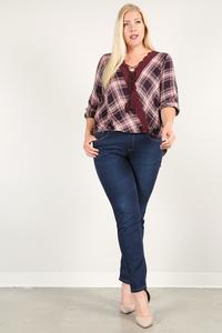 Plaid 3/4 Sleeve Top With Hi-lo Hem, V-neckline, And Relaxed Fit product image