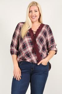 Plaid 3/4 Sleeve Top With Hi-lo Hem, V-neckline, And Relaxed Fit product image