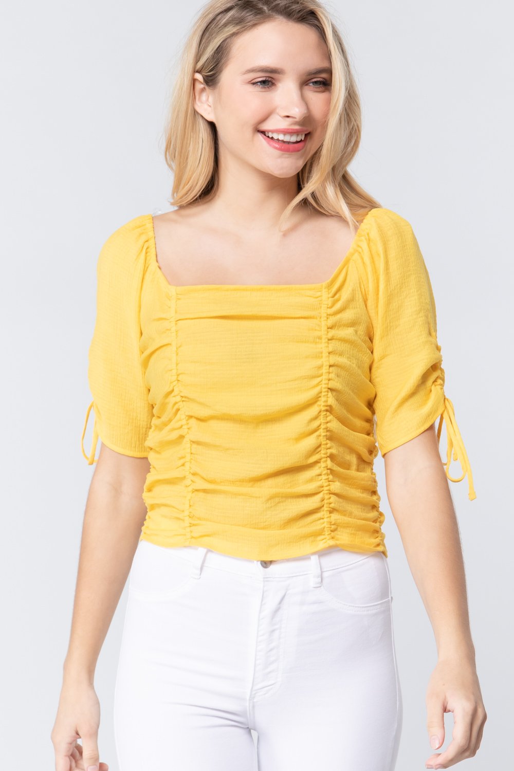 Elbow Slv Smocked Ruched Woven Top product image