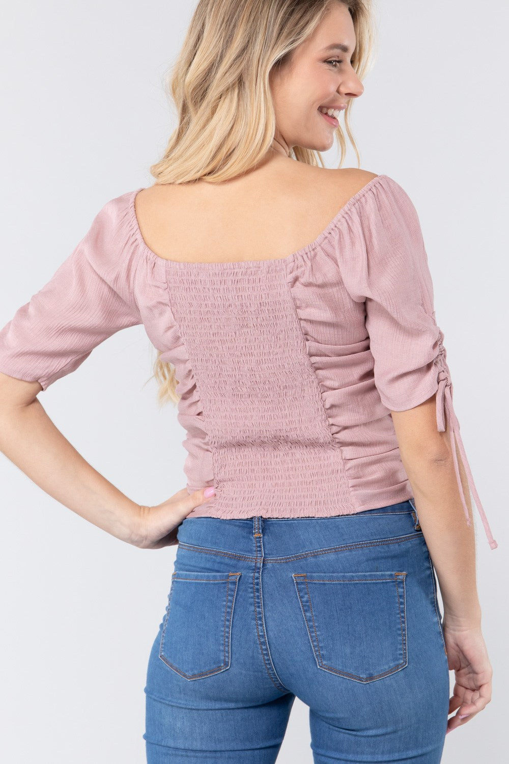 Elbow Slv Smocked Ruched Woven Top product image