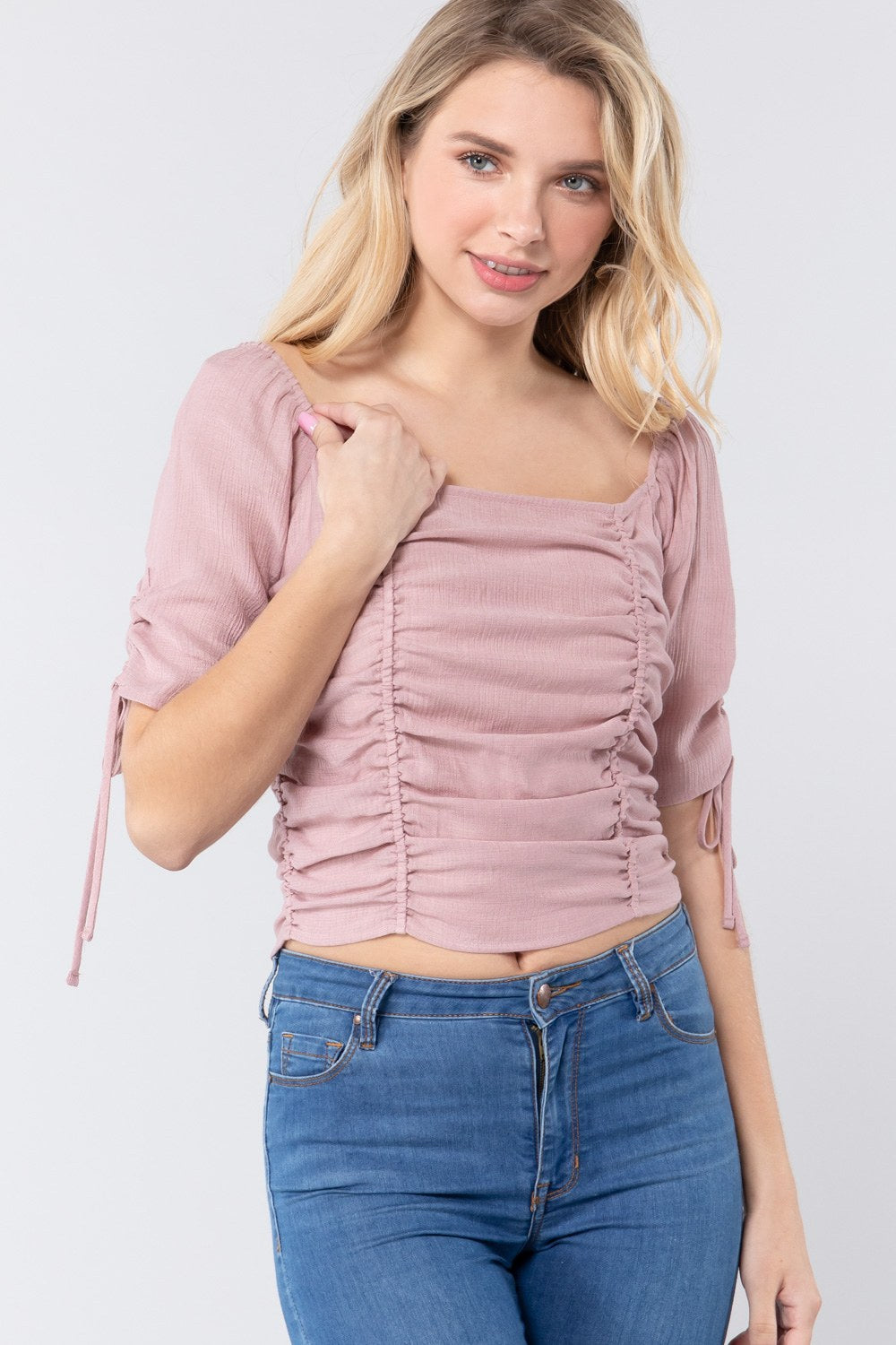 Elbow Slv Smocked Ruched Woven Top product image