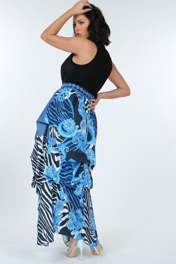 Animal Chain Print Denim Tacked Maxi Skirt In Black Gold product image